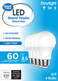 Great Value LED Light Bulbs, 60 Watts Eqv, Daylight, A19 General Purpose Light Bulbs, 5YR, 4pk 93131086