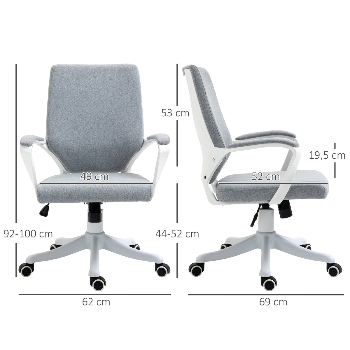 Vinsetto Bürostuhl Computerstuhl, höhenverstellbar, neigbare Rückenlehne, 5 Rollen, Grau + Weiß