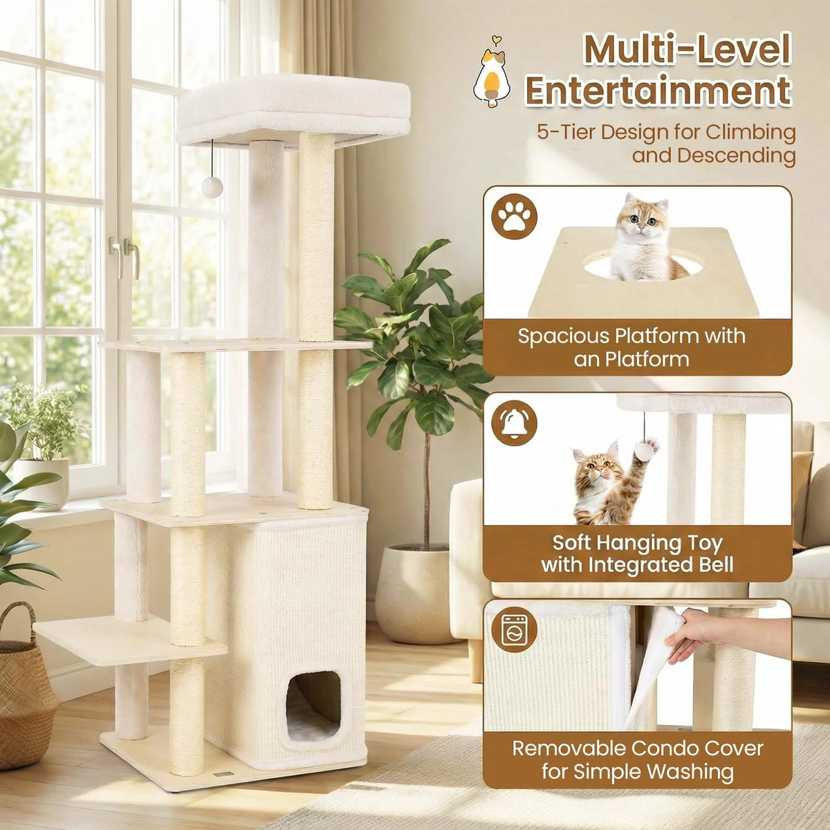 Tangkula Tall Cat Tree 63 Inch Multi-Level Wood Cat Tower
