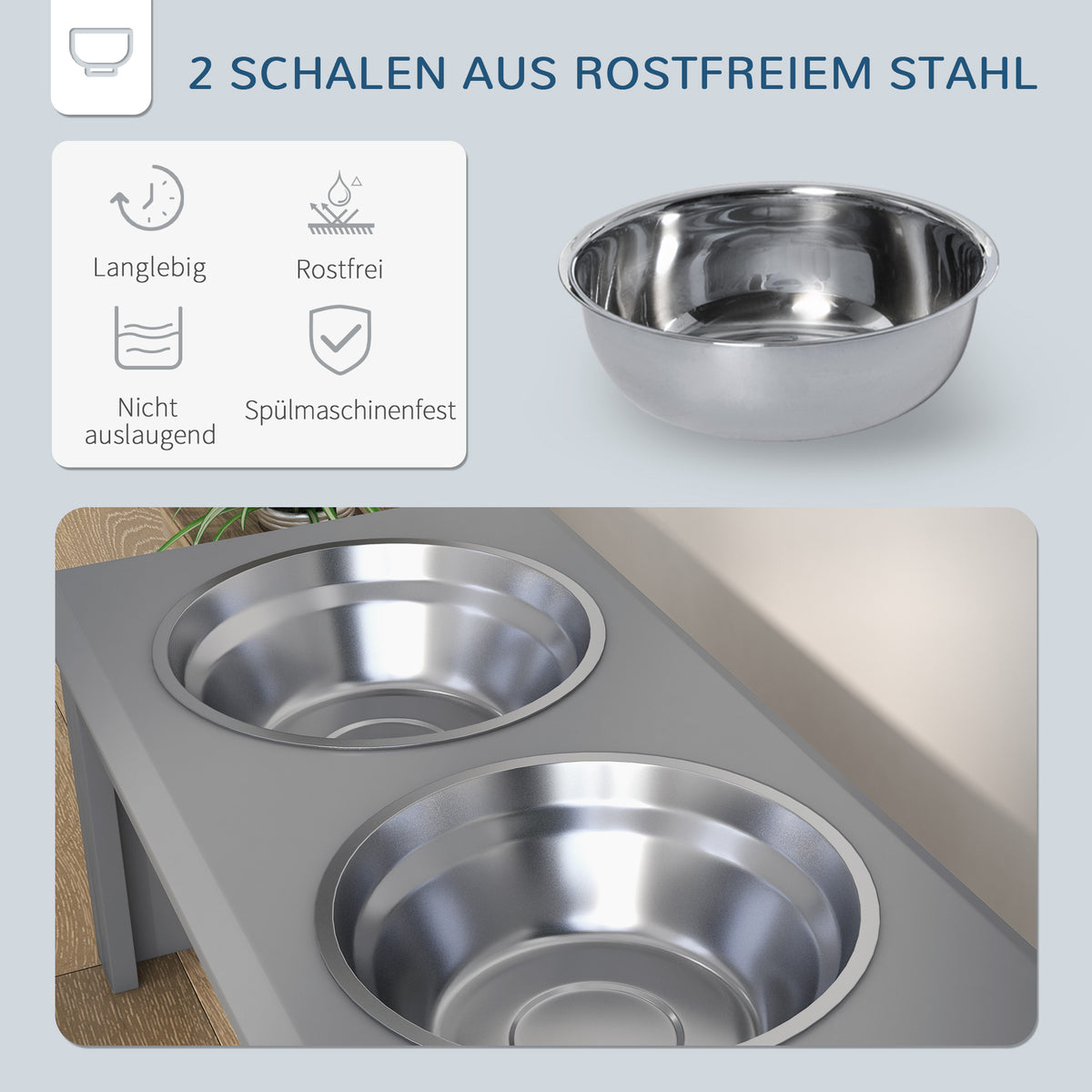 PawHut Hunde-Futterstation, 2 Edelstahlnäpfe, rutschfest, 58,4x30,5x25,4cm, Grau