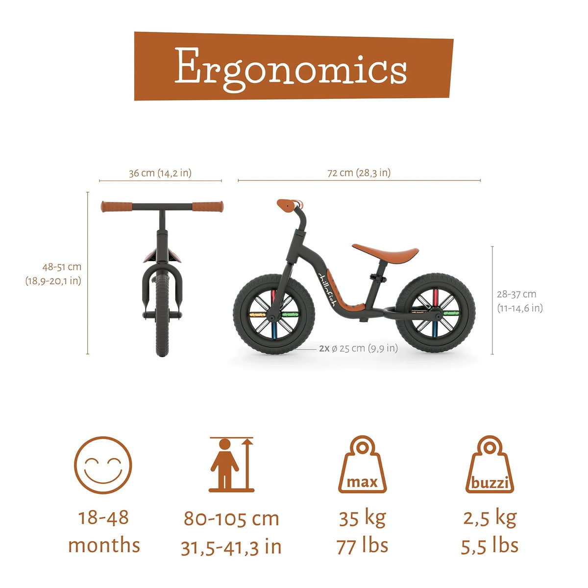 Chillafish Buzzi 10' Balance Bike for Kids 1.5 Years and Older, Lightweight Toddler Bike with Adjustable Seat