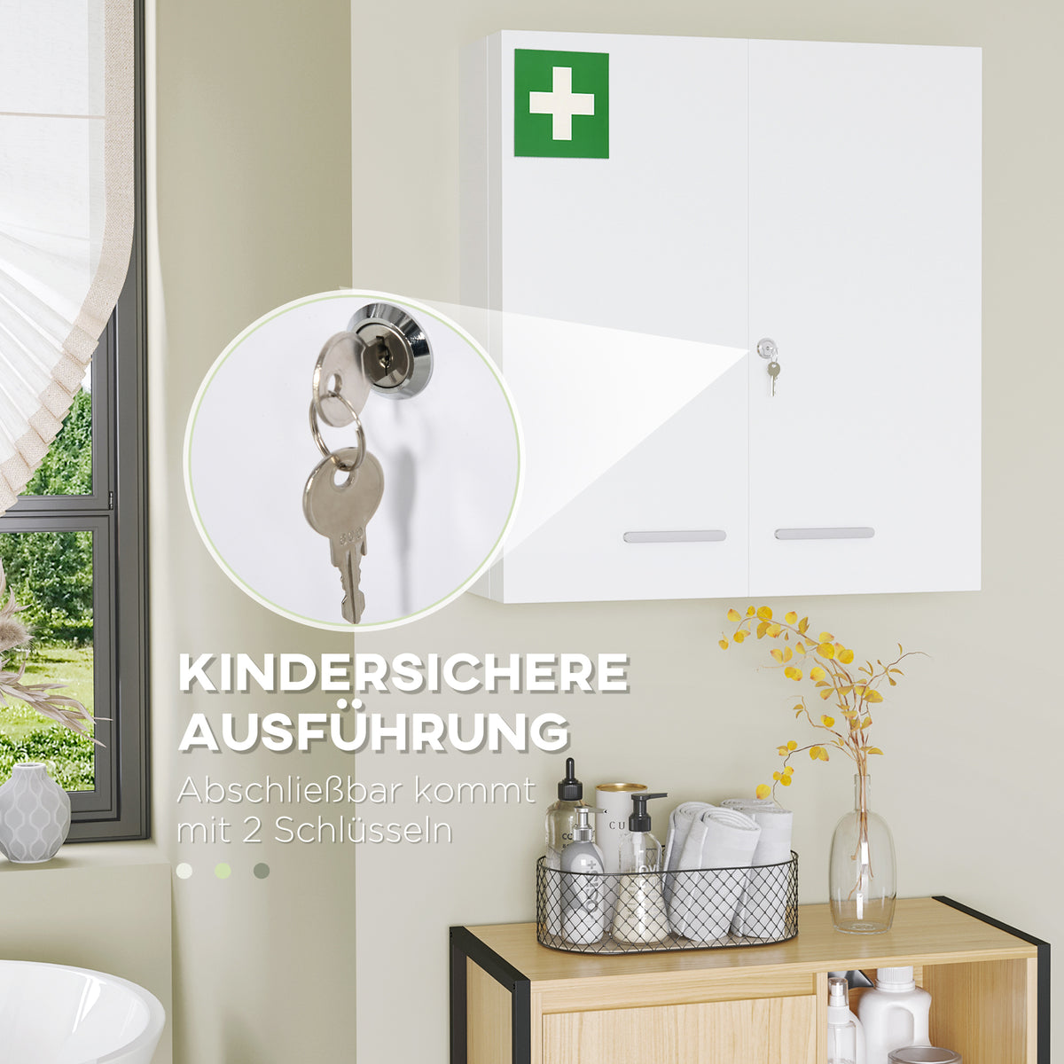 kleankin Medizinschrank, 6 Innenfächer, abschließbar, 2 Türen, stabiles Stahlgehäuse, weiß, 55 x 18 x 60 cm