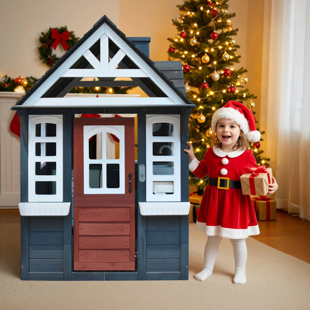 COCLUB Outdoor Playhouse for Kids Ages 4 - 8, Wooden Play House with Doorbell, Phone, Kitchen Toys, Outdoor Kids Play Equipment, Casa Para Niñas (45"l x 65"h), White & Black