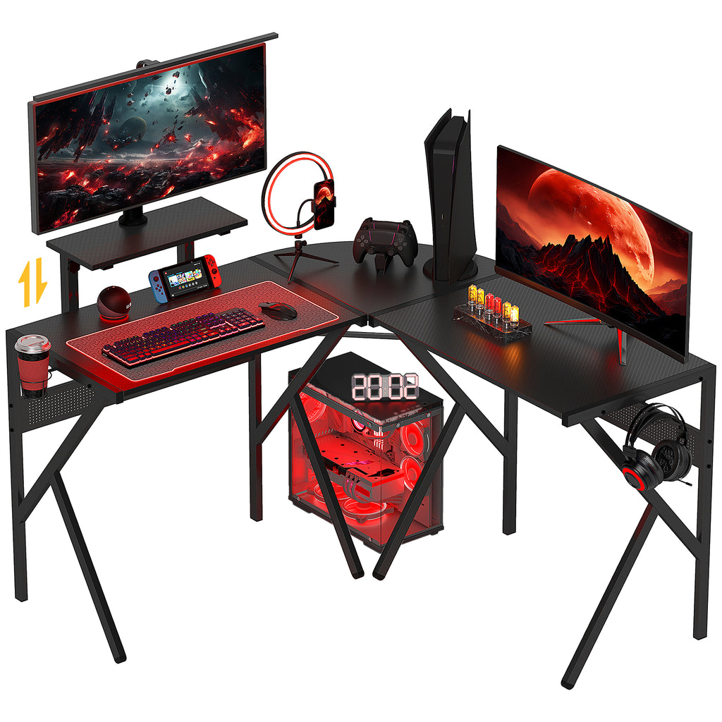 HOMCOM Gaming Schreibtisch Eckschreibtisch Gamer 125 x 125 cm in L-Form mit Kohlefaserplatte, Bildschirmhalter, Getränkehalter und Kopfhörerhaken, Schwarz