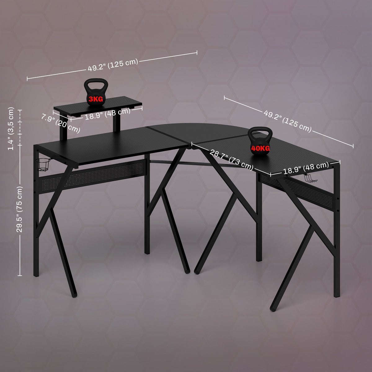HOMCOM Gaming Schreibtisch Eckschreibtisch Gamer 125 x 125 cm in L-Form mit Kohlefaserplatte, Bildschirmhalter, Getränkehalter und Kopfhörerhaken, Schwarz