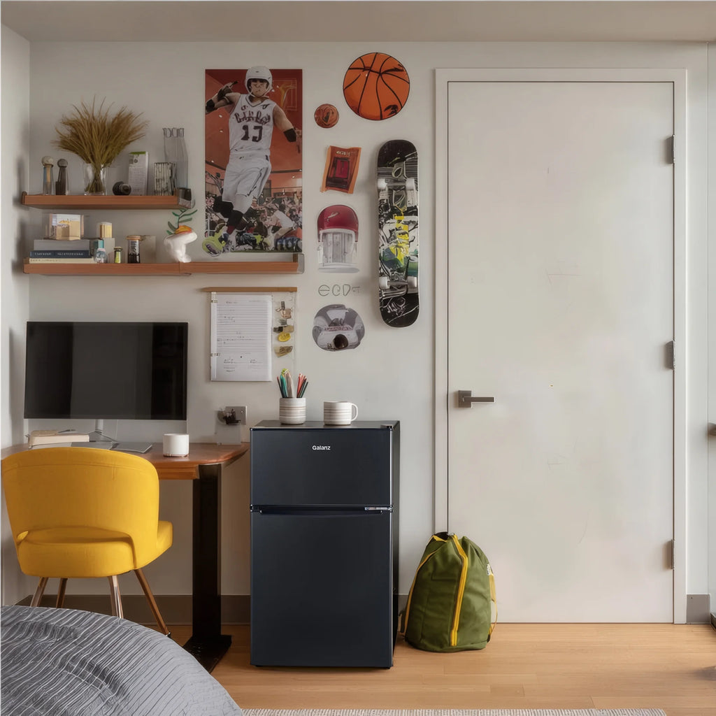 Galanz 3.1 cu ft Two Door Mini Fridge, Black, New