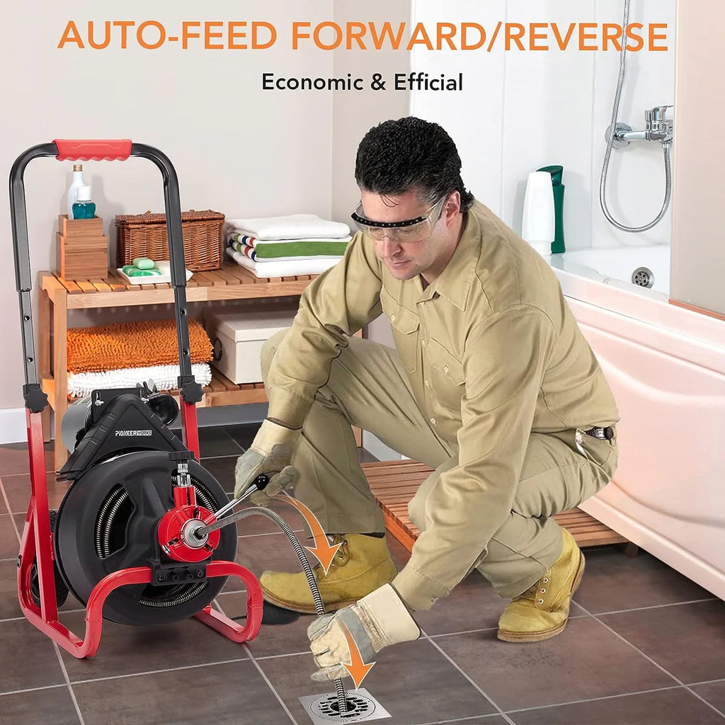 75ft x 1/2 in Drain Cleaner Machine, Auto - Feed Electric Drain Auger Professional for 2 to 4 in Pipes, with 6 Cutters, Glove, Drain Auger Cleaner Sewer Snake