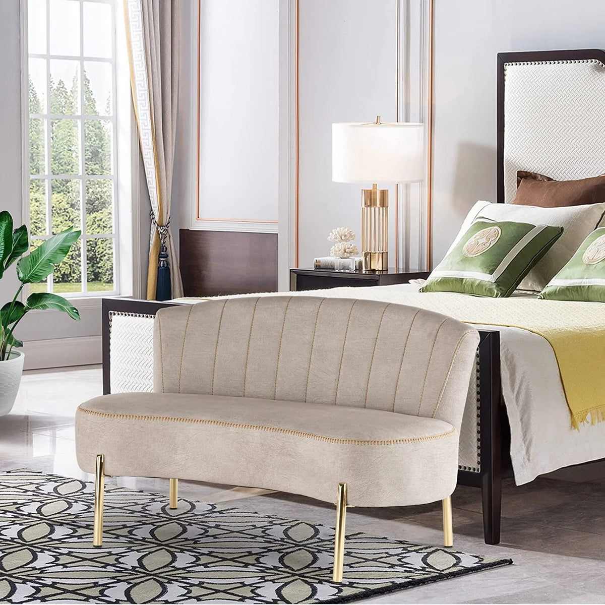 Andeworld Upholstered Small Sofa Couch Modern Loveseat Accent Ottoman Bench Bed Bench Entryway Bench with Backrest for Living Room Bedroom Beige
