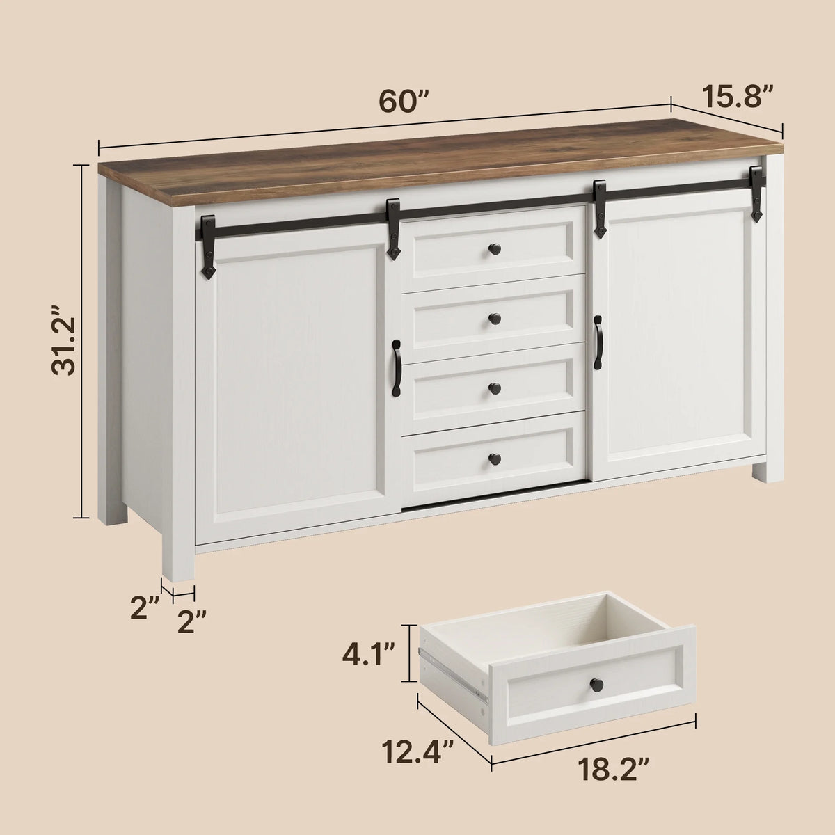 Coffee Bar Cabinet, Lofka 60" Buffet Cabinet with Storage, 2 Sliding Barn Doors & 4 Drawers for Kitchen, White + Rustic Brown