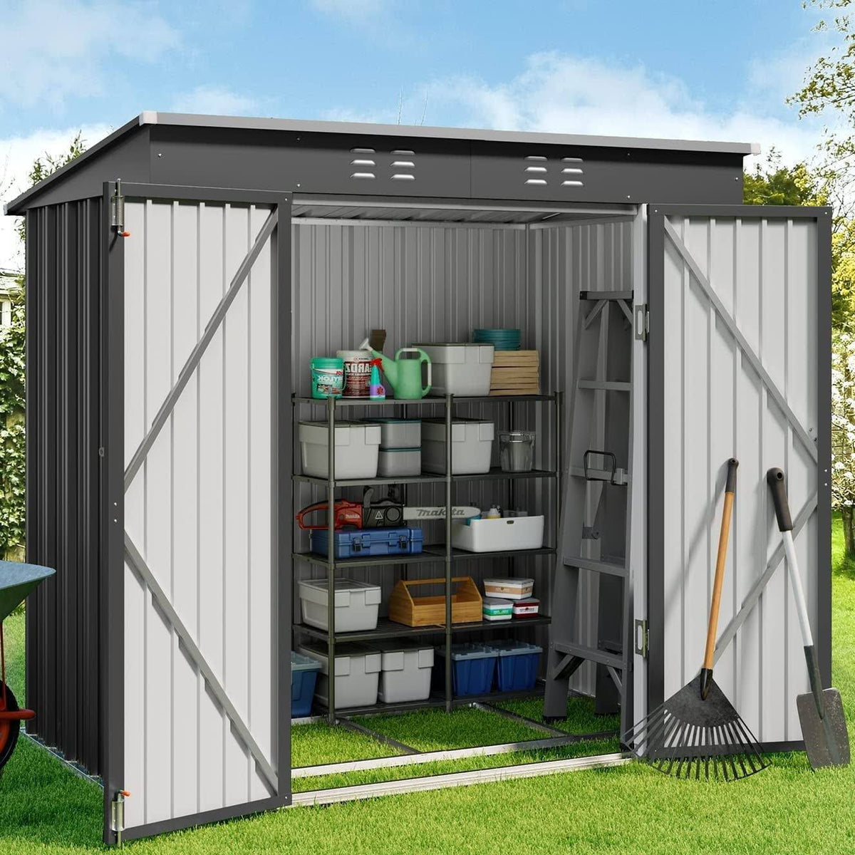 Aiho 6' x 4' Metal Outdoor Storage Shed with Double Lockable Doors for Backyard Patio Lawn - Gray