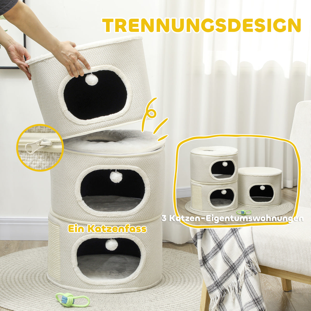PawHut Katzenfass, 4 Ebenen, mit Kissen, Kratzmatte, Spielbällen, Katzenhaus für Innenbereich, Beige