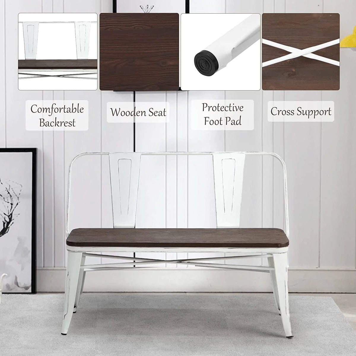 MELLCOM Metal Bench Industrial Mid - Century 2 Person Chair with Wood Seat, Dining Bench with Floor Protector