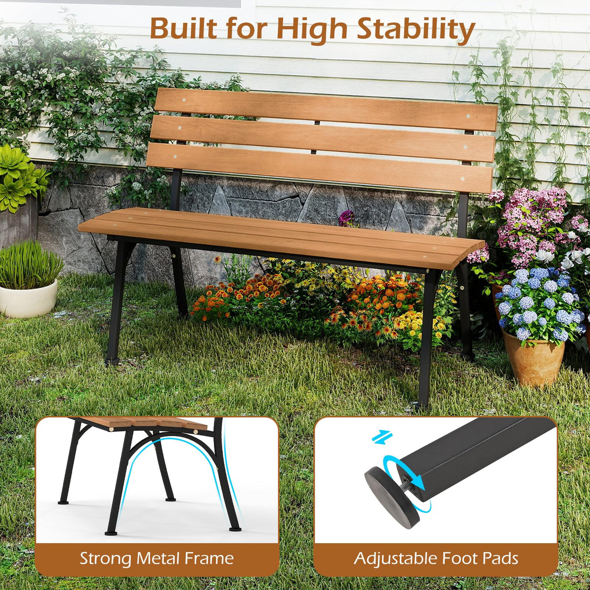 Tangkula Acacia Wood Outdoor Bench with Backrest for Outside Front Porch