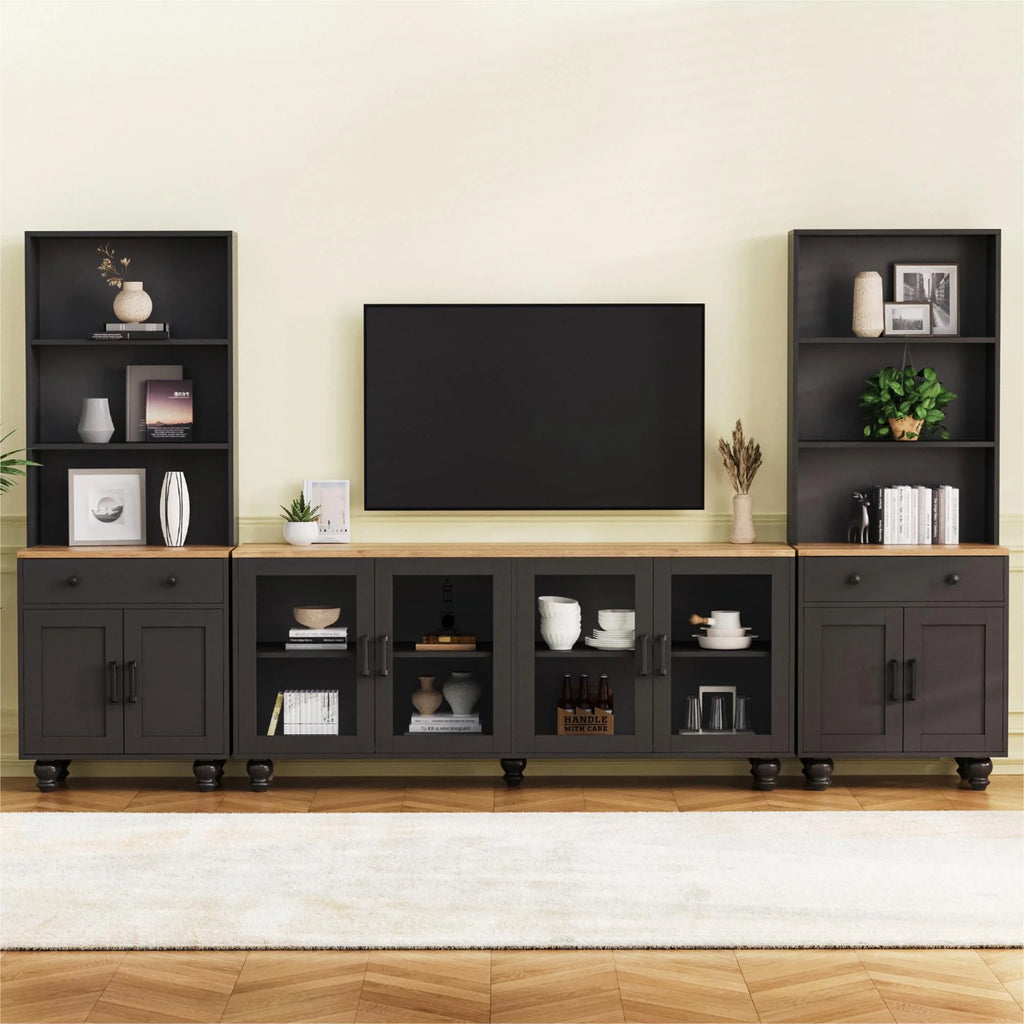 Euroco 110" Entertainment Center Wall Unit Set with Glass Display Cabinets, Adjustable Shelves & Vintage TV Stand for Tvs up to 85", Farmhouse Style Media Console with Storage, Gourd Legs