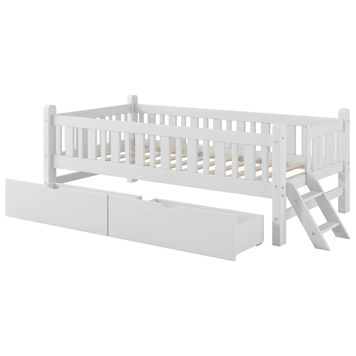 Euroco Wood Twin Size Platform Bed with 2 Drawers and Ladder for Kids and Toddlers, White