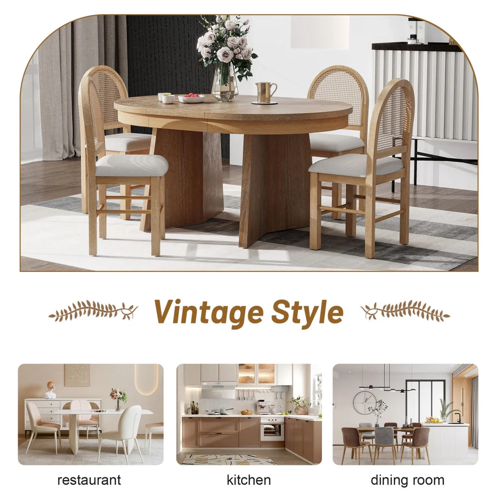5 - Piece Extendable Dining Table Set for 4 People, Solid Wood Kitchen Table Set with 4 Upholstered Chairs and Rattan Backrests for Dining Room and Kitchen, Natural