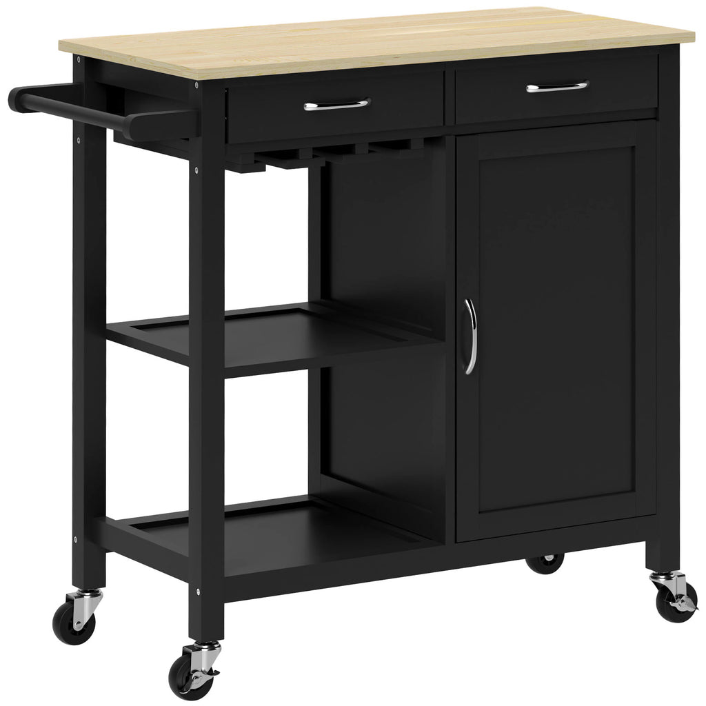 HOMCOM Klassischer Küchenwagen mit Schubladen, Rädern und 2-türigem platzsparendem Schrank 89x40x84cm, Schwarz
