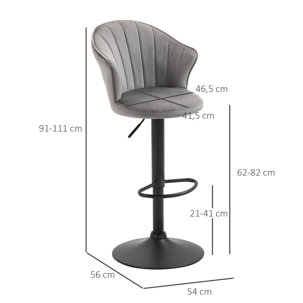 HOMCOM 2er-Set Barhocker drehbare Barstühle mit Lehne Samt Touch Bistrohocker höhenverstellbarer Tresenhocker armloser Schaumstoff Grau 54 x 56 x 91-111 cm