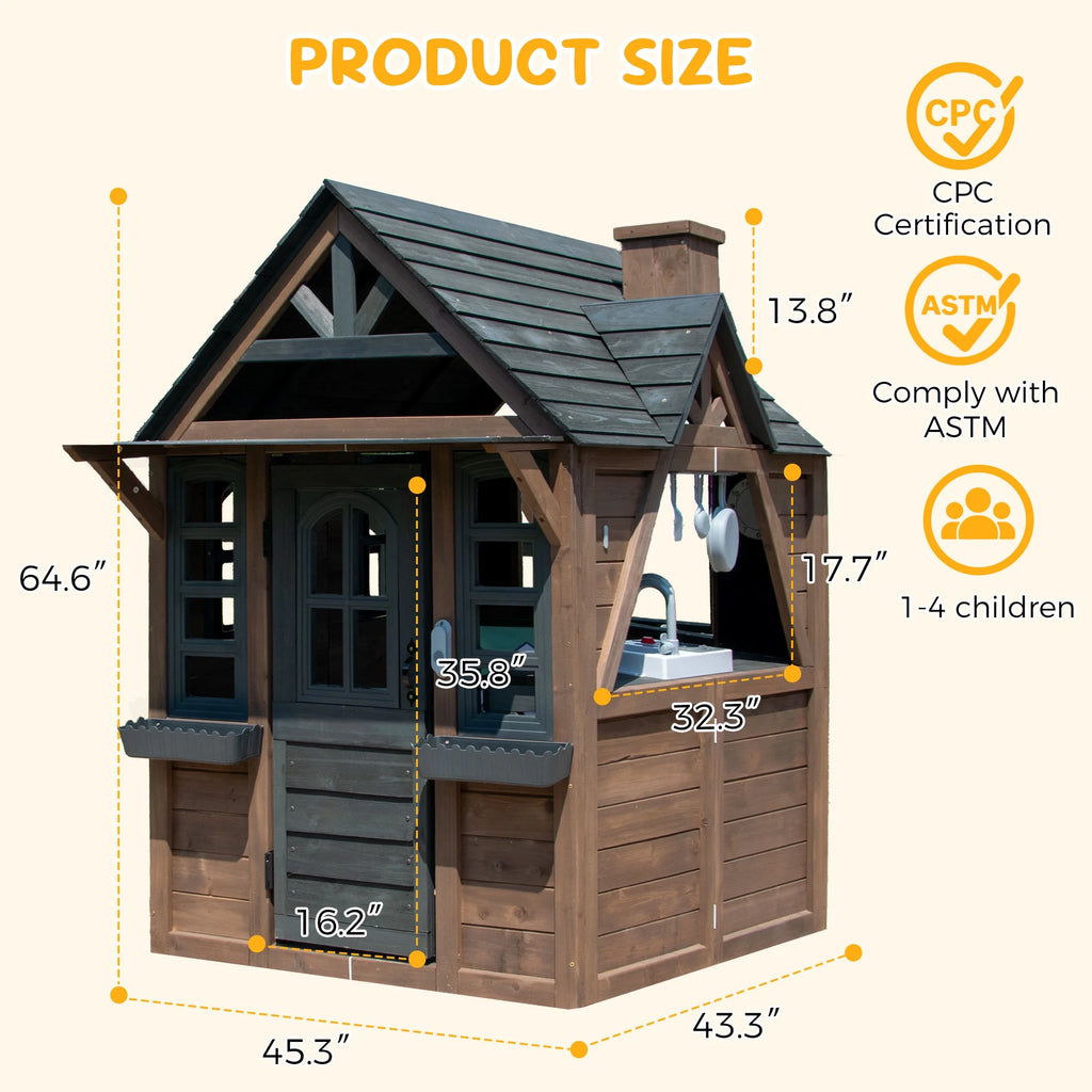 COCLUB Outdoor Playhouse for Kids Ages 4 - 8, Wooden Play House with Doorbell, Phone, Kitchen Toys, Outdoor Kids Play Equipment, Casa Para Niñas (45"l x 65"h), White & Black