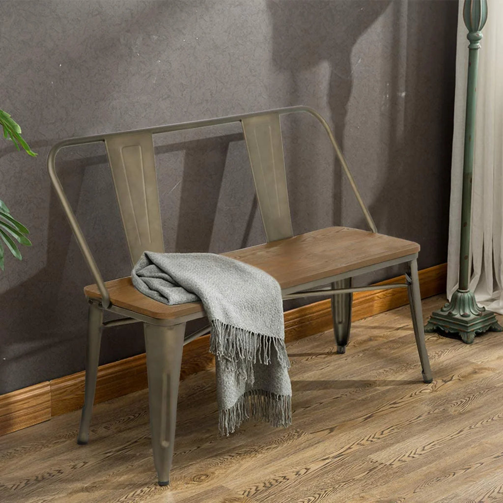 MELLCOM Metal Bench Industrial Mid - Century 2 Person Chair with Wood Seat, Dining Bench with Floor Protector