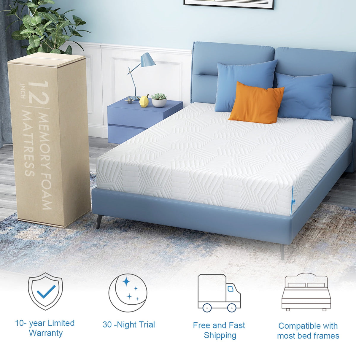 Mattress Bed in a Box. Memory Foam Mattress infused with Green Tea and Cooling Gel.12 inches. Made in USA
