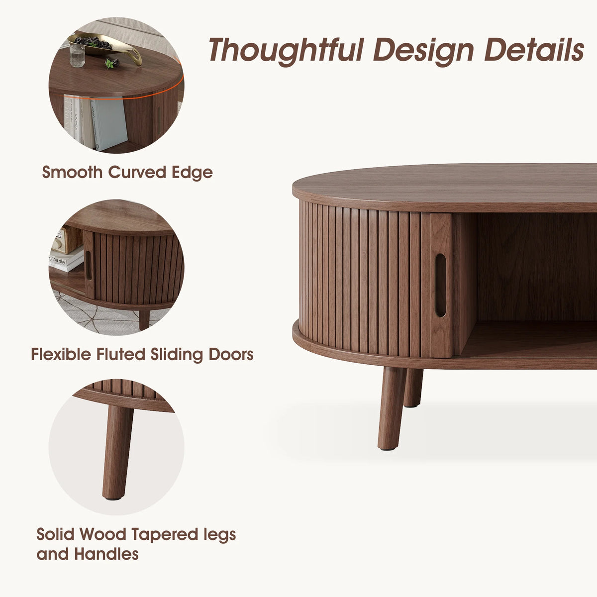 Oval Coffee Table, 42.5" Drum Coffee Table with Sliding Tambour Door, Fluted Accent Center Table with Storage, Mid Century Modern Coffee Table for Living Room, Center Table Walnut