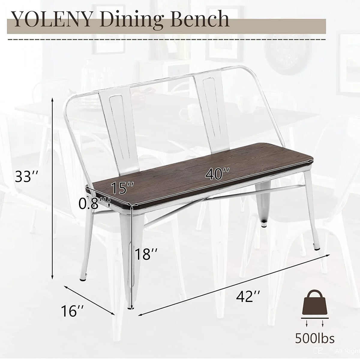 MELLCOM Metal Bench Industrial Mid - Century 2 Person Chair with Wood Seat, Dining Bench with Floor Protector