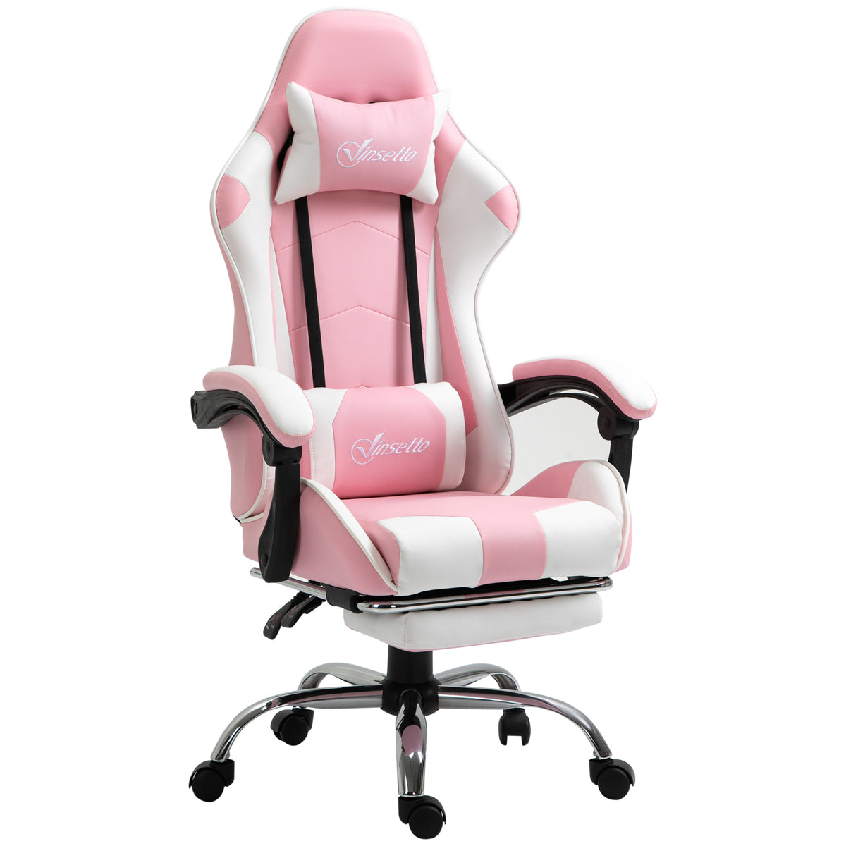Vinsetto Gamingstuhl Computerstuhl Ergonomischer Bürostuhl Gamer Stuhl mit Kopfstütze Lendenkissen Bürostuhl höhenverstellbar 360°drehbar Schaumstoff Kunstleder PVC Rosa+Weiß 64 x 67 x 119-127 cm