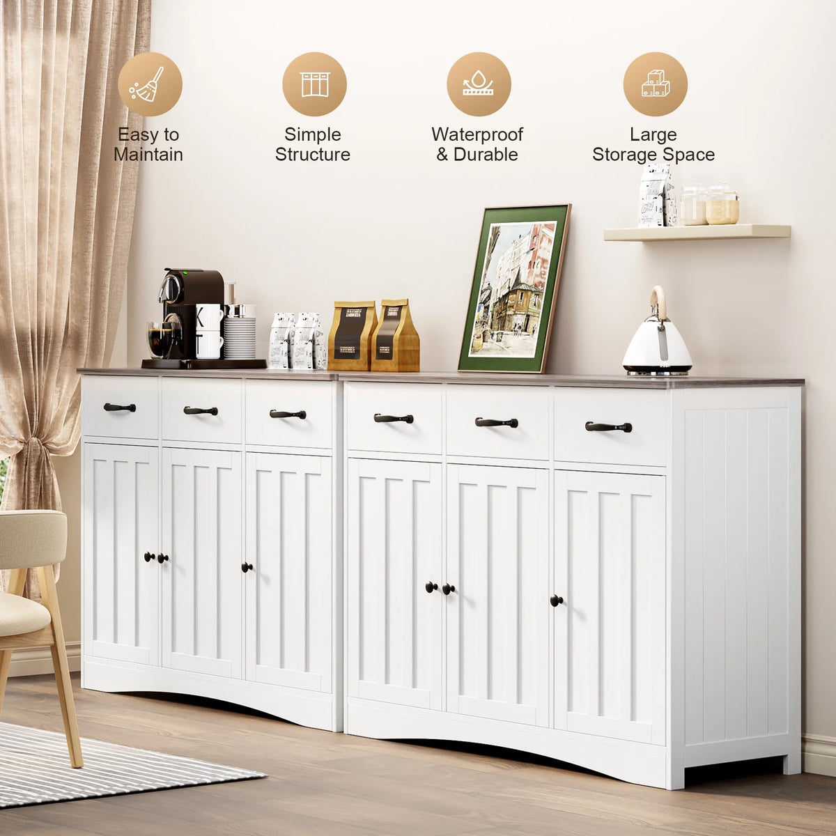 Coffee Bar Cabinet, Lofka 60" Buffet Cabinet with Storage, 2 Sliding Barn Doors & 4 Drawers for Kitchen, White + Rustic Brown