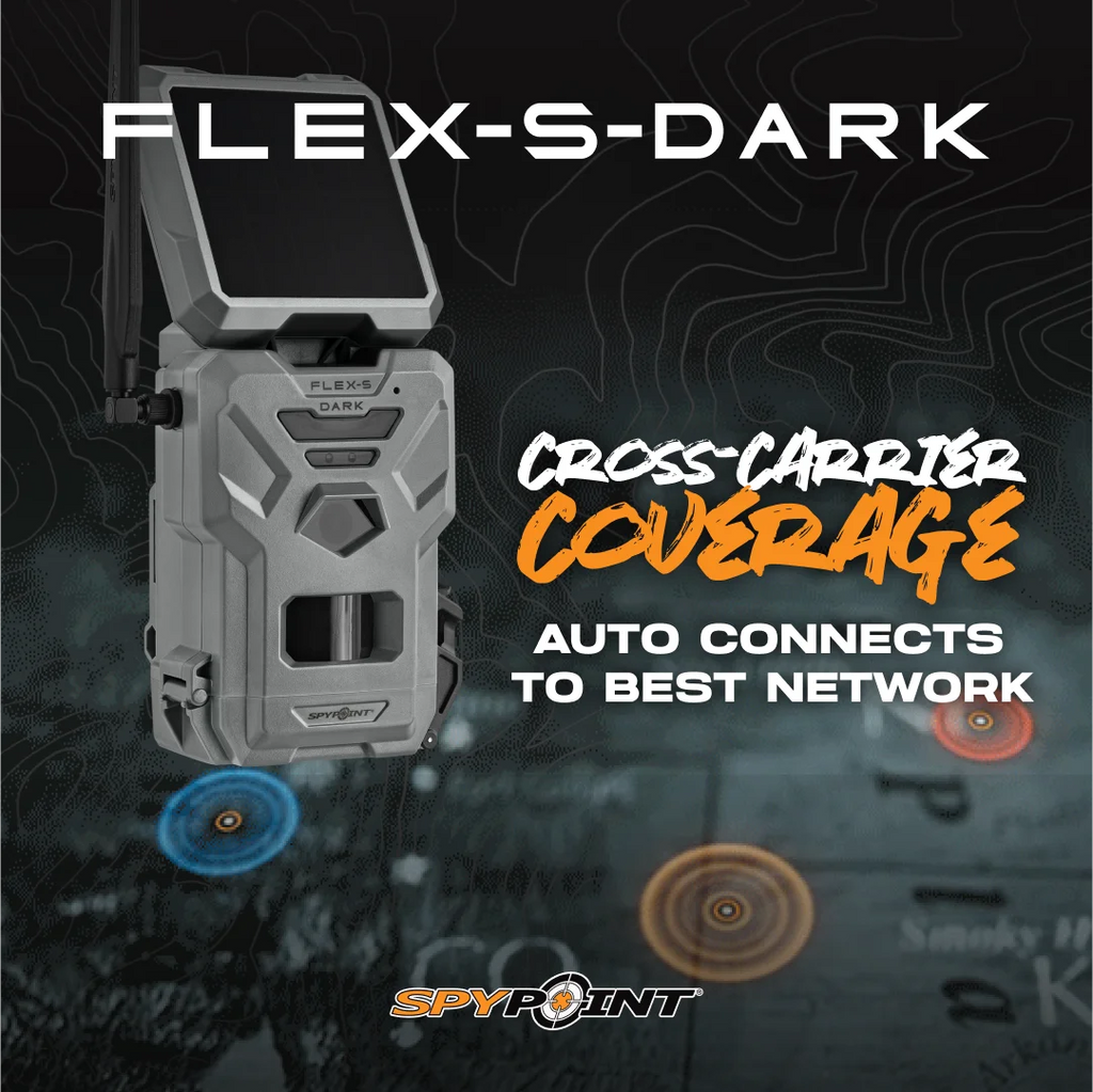 SPYPOINT Flex - S Dark Solar Outdoor Cellular Trail Camera - Integrated Solar Panel, No WiFi Needed, Night Vision Motion Activated, Dual - Sim LTE, 40MP Photos and 1080p W/Sound