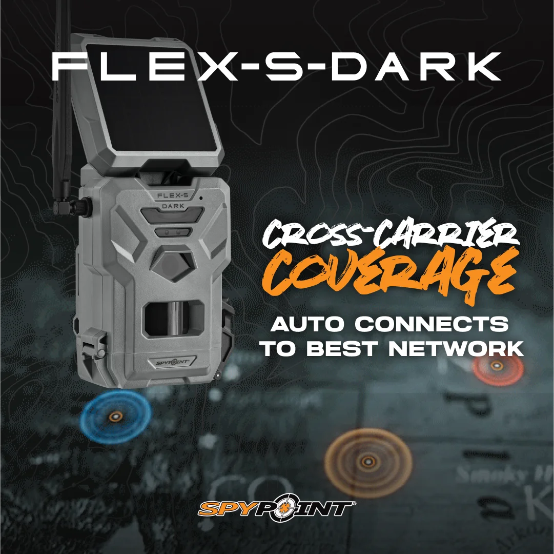 SPYPOINT Flex - S Dark Solar Outdoor Cellular Trail Camera - Integrated Solar Panel, No WiFi Needed, Night Vision Motion Activated, Dual - Sim LTE, 40MP Photos and 1080p W/Sound