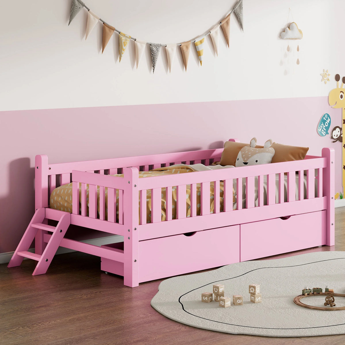 Euroco Wood Twin Size Platform Bed with 2 Drawers and Ladder for Kids and Toddlers, White
