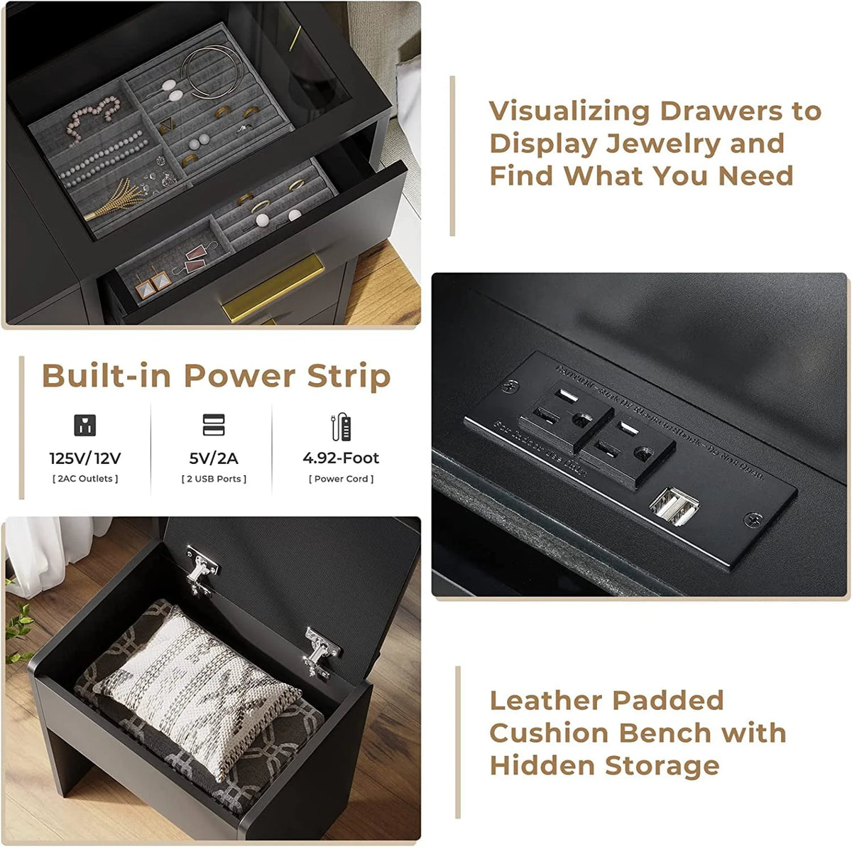 Black Vanity Set with Lights & Charging Station & Cushioned Stool, Modern Makeup Vanity Desk Table with Visible Drawers and Open Storage Shelves for Women Girls