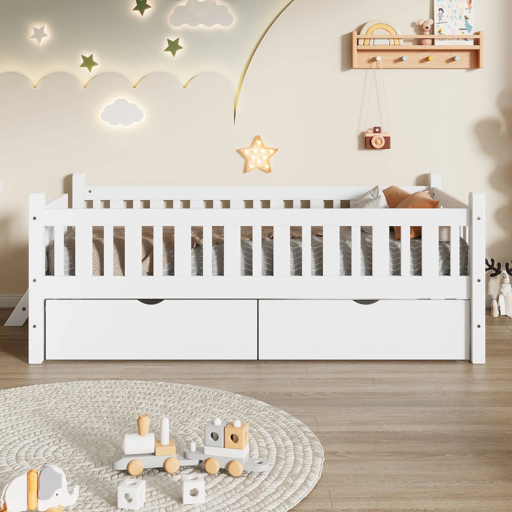 Euroco Wood Twin Size Platform Bed with 2 Drawers and Ladder for Kids and Toddlers, White