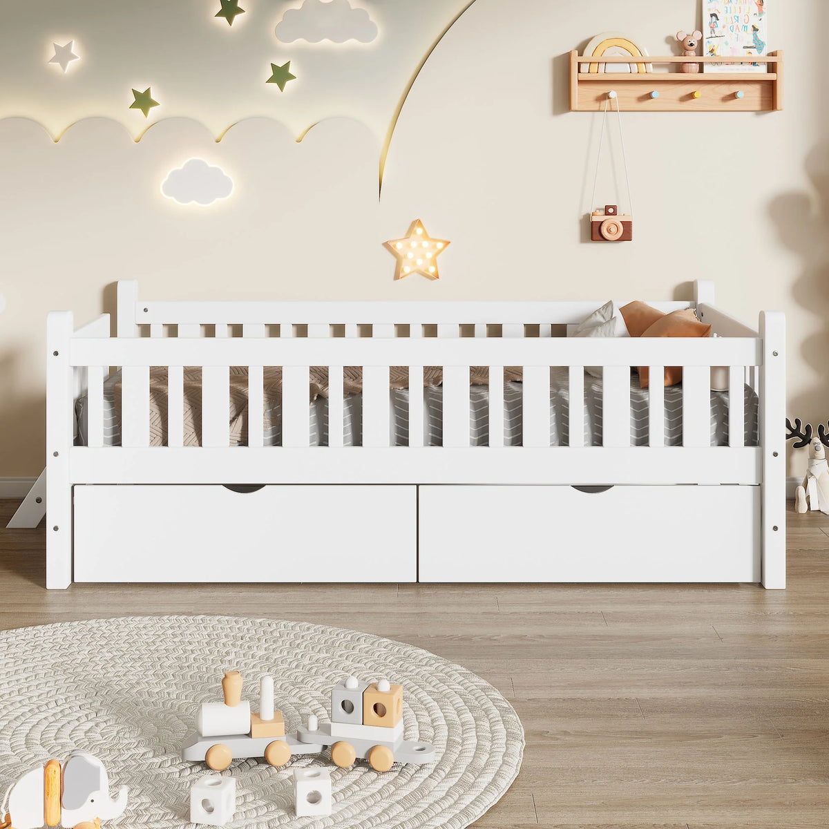 Euroco Wood Twin Size Platform Bed with 2 Drawers and Ladder for Kids and Toddlers, White