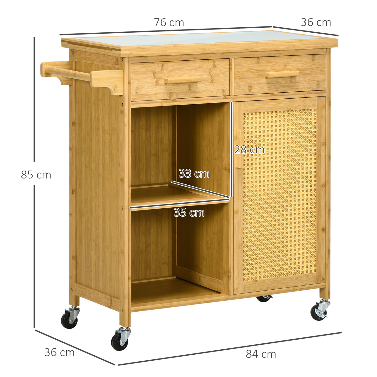 HOMCOM Küchenwagen aus Bambus, Mehrzweckwagen, Sevierwagen, 2 Schubladen, 1 Schrank,  2 Regale, Natur