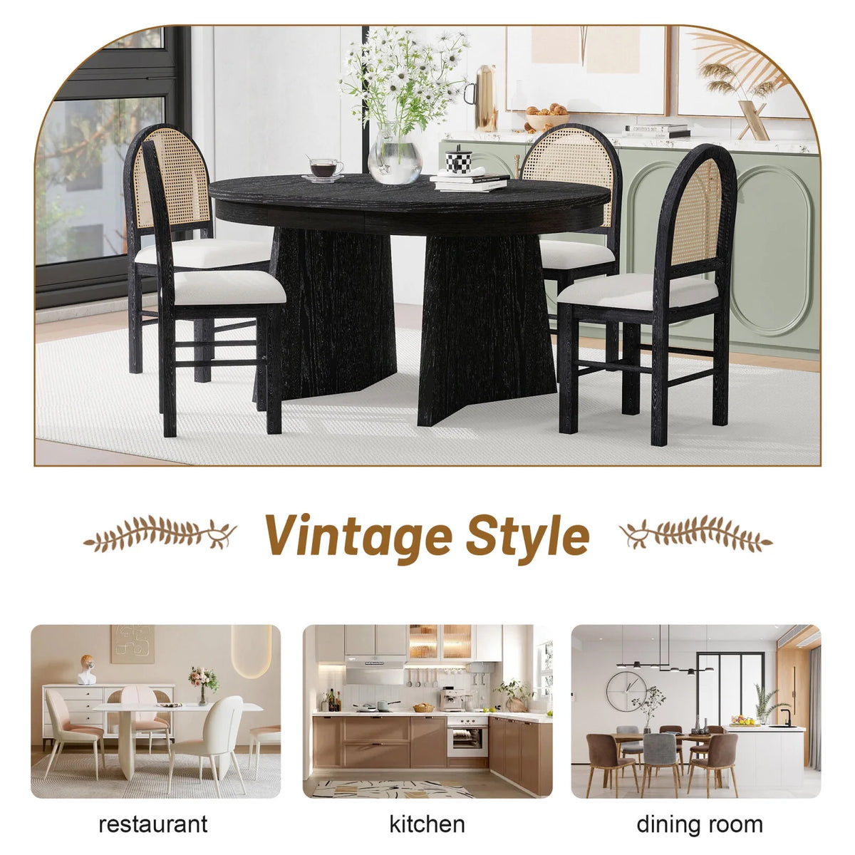 5 - Piece Extendable Dining Table Set for 4 People, Solid Wood Kitchen Table Set with 4 Upholstered Chairs and Rattan Backrests for Dining Room and Kitchen, Natural