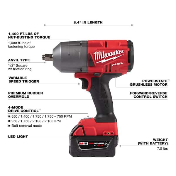 M18 FUEL 18V Lithium - Ion Brushless Cordless 1/2 In. High - Torque Impact Wrench with Grease Gun Kit, Resistant Batteries