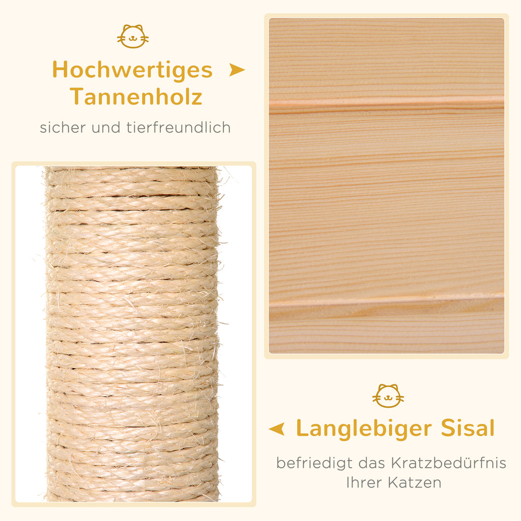 PawHut Katzenhaus mit Hängematte, Katzenkiste mit Sisalstamm, Katzenhöhle, Katzenbaum, Katzenaktivitätszentrum, Tannenholz, Natur, 70 x 35 x 60 cm