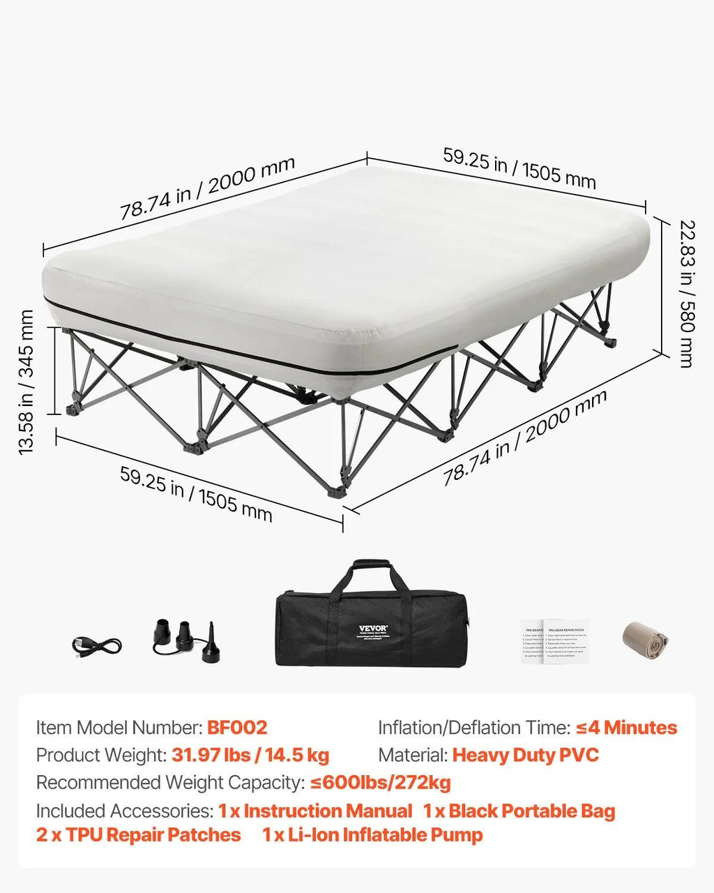 Queen Air Mattress with Frame & Built - in Pump - 2 - Person Blow up Camping Mattress Supports 600 lb - Elevated Inflatable Bed for Guests, Travel & Home Use - Quick Inflation/Deflation