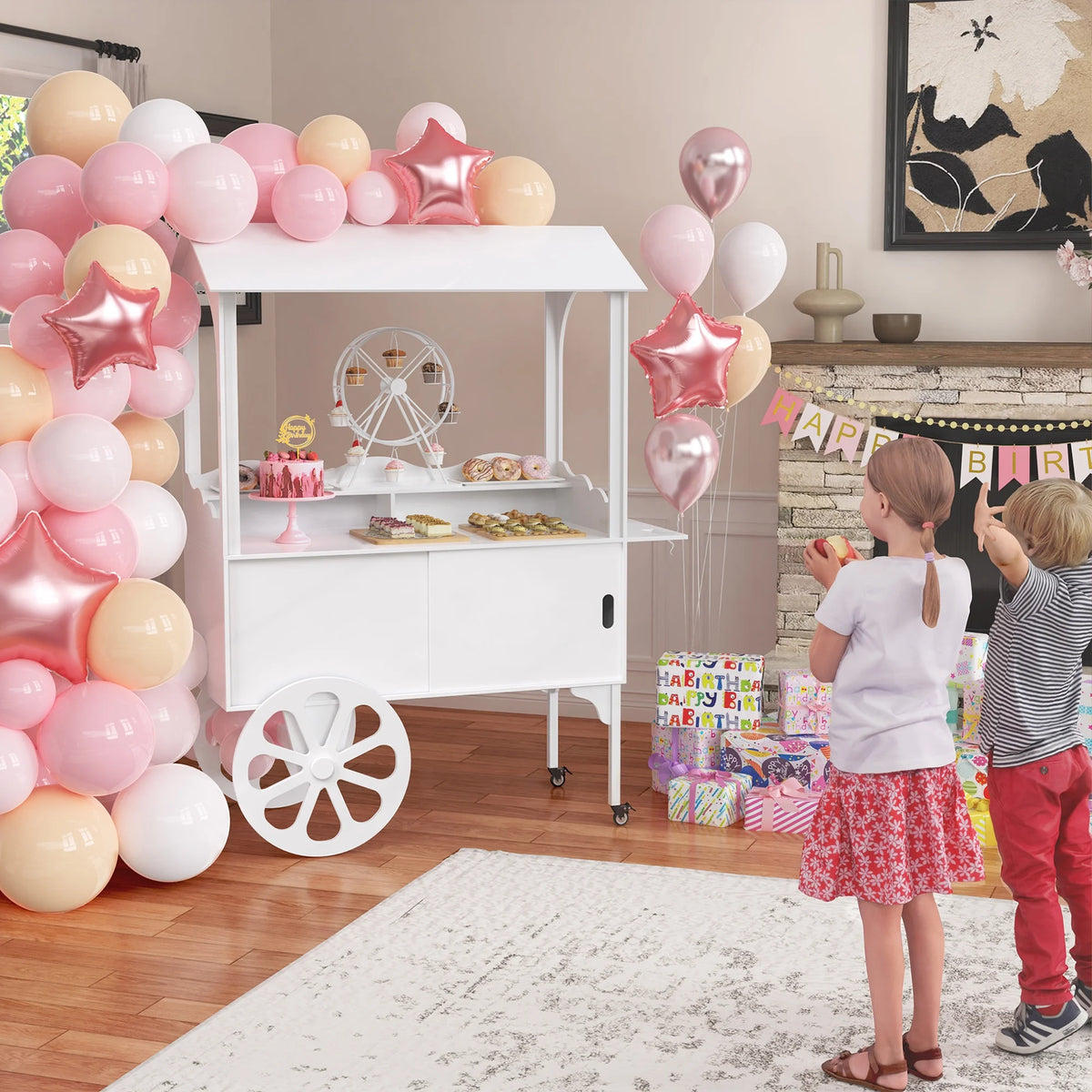Candy Cart with Wheels for Party .wood Dessert Cart with Storage Cabinet