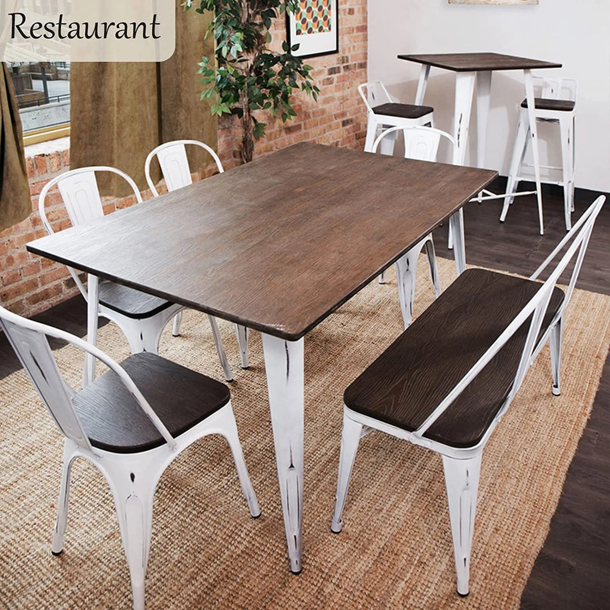 MELLCOM Metal Bench Industrial Mid - Century 2 Person Chair with Wood Seat, Dining Bench with Floor Protector