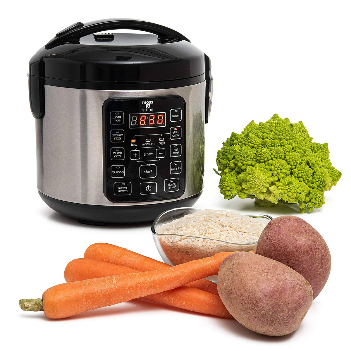 Moss & Stone Small Electric Digital Multicooker/Rice Cooker with Steamer - 4-8 Cup, Silver