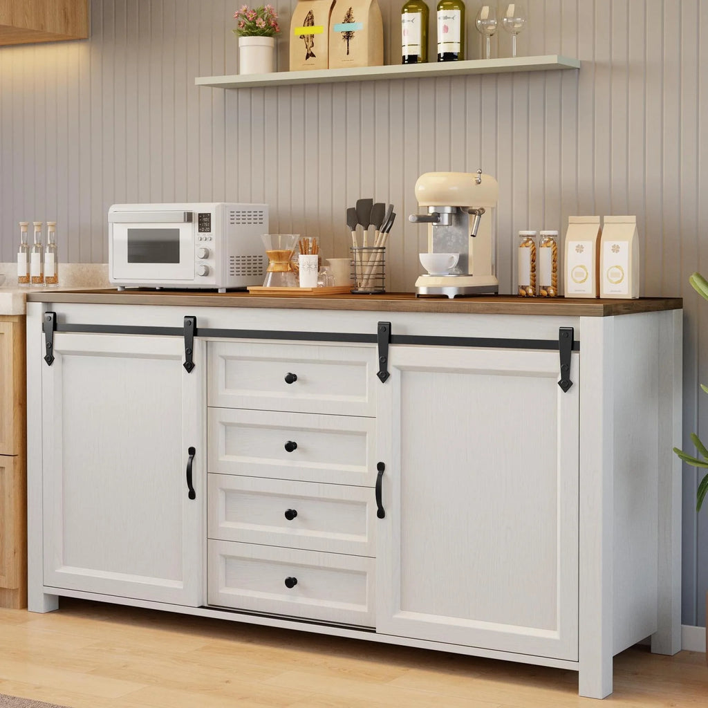 Coffee Bar Cabinet, Lofka 60" Buffet Cabinet with Storage, 2 Sliding Barn Doors & 4 Drawers for Kitchen, White + Rustic Brown
