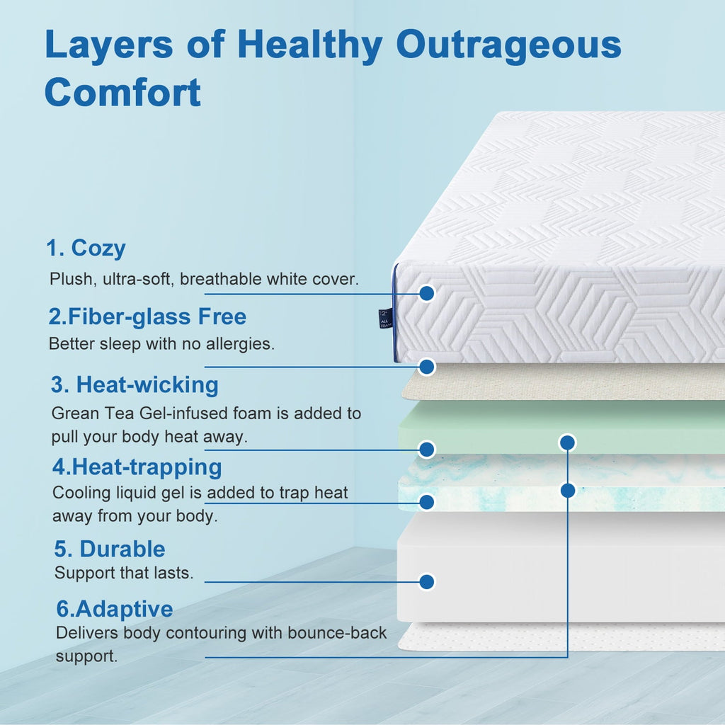 Mattress Bed in a Box. Memory Foam Mattress infused with Green Tea and Cooling Gel.12 inches. Made in USA