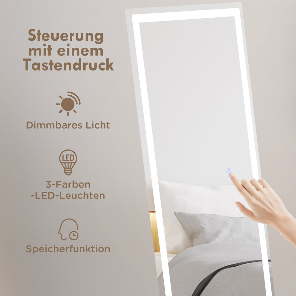 HOMCOM Standspiegel Wandspiegel Ganzköprerspiegel, mit LED´s, 40 cm x 150 cm, Weiß + Silber