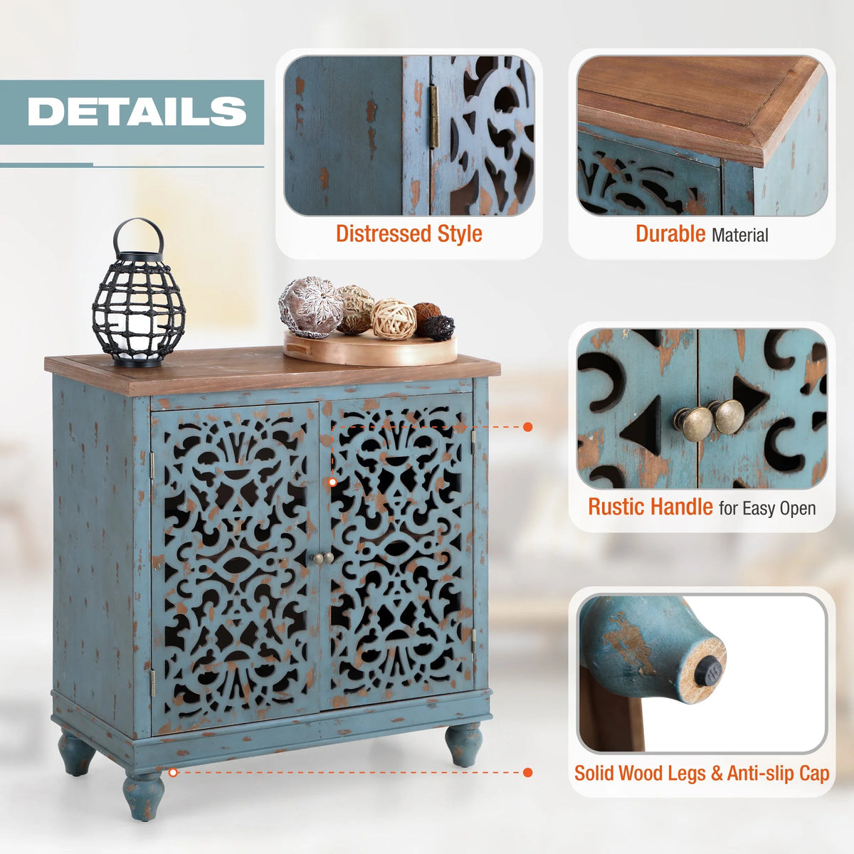 Sophia & William Hollow - Carved Credenzas and Sideboards, Wood Blue, 2 Shelves
