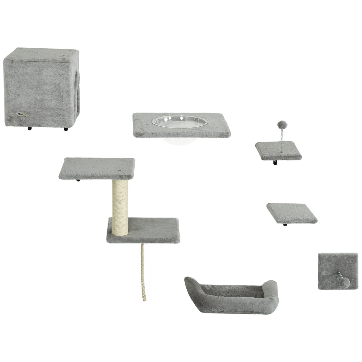 PawHut Kletterwand Katzen 7-teilig Katzen Kletterwand Set mit Katzenhaus, Plattform, Plattform Grau