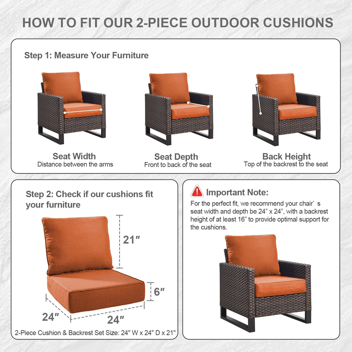Bellefurn Outdoor Deep Seat Cushion 24 X 24 X 6 in for Patio Furniture, Outdoor Chair Cushions Waterproof & Fade Resistant Patio Furniture Cushions for Wicker Chair, Sofa, Couch