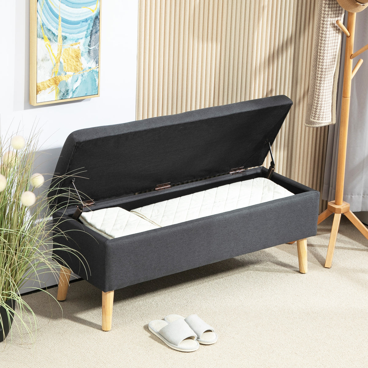 HOMCOM Polsterbank mit Stauraum, Bettbank in Leinenoptik, Kautschukholz, 110 x 39 x 45 cm, Dunkelgrau